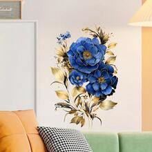 ملصق حائط زهرة الخشخاش الأزرق والذهبي بمقاس 11.8 بوصة * 15.7 بوصة - قابل للإزالة من مادة PVC، مثالي لديكور غرفة المعيشة وغرفة النوم، ملصقات حائط، ديكور المنزل