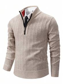 Men's Sweater Knitted Top Long-Sleeved Pullover Autumn And Winter Plus Velvet Thick Warm Sweater Zipper Half Cardigan No Hood Stand Collar Solid Color Home Clothes Casual Hiking Sports Wear - Màu be - Xem 9