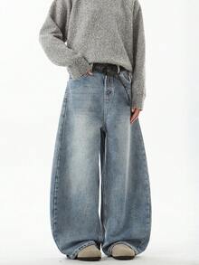 1条装休闲宽松情侣阔腿牛仔裤，百搭街头风格 - 淺藍色 - 查看 4