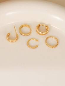 5pcs Elegant Gold-Tone Earring Set, Cubic Zirconia Inlaid, Includes Clip-On And Multiple Earrings, Stackable, Women Jewelry - Yellow Gold - View 5