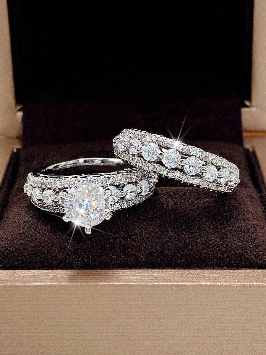 2 PC/Set Luxury Cubic Zirconia Ring For Women For Valentine's Day Gift Wedding Anniversary Party Jewelry