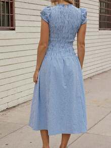 Women's Summer Dresses, Plaid Print Round Neck Short Sleeve Midi Dress For Casual Dailly Street Wear - 天藍色 - 查看 6