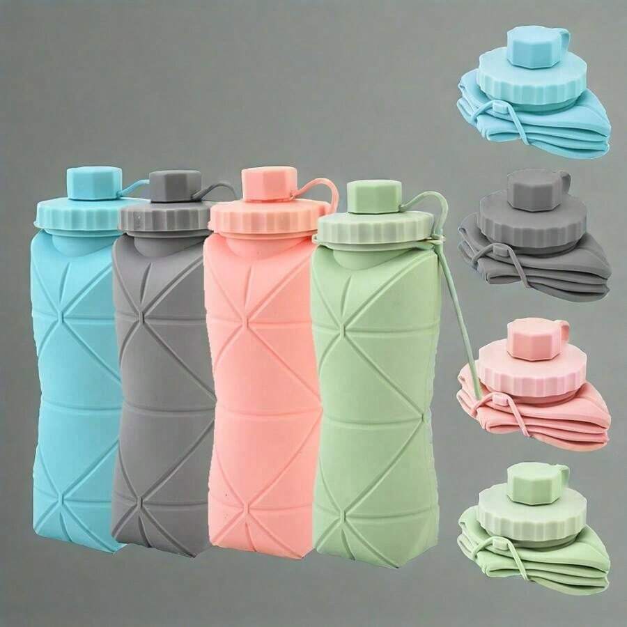 1pc 600ml Silicone Folding Bottle Adult Portable Reusable Plastic Cups Outdoor Travel Gym Water Bottle Motivational Drinking Bottle - Multicolor - View 1