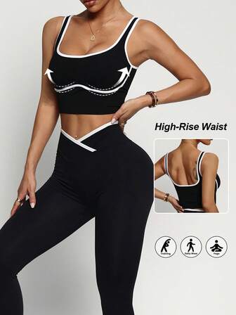 女式撞色绑带低背高腰汗衫上衣，适合健身、运动和日常穿着