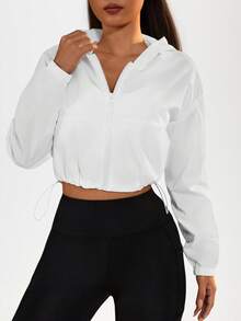 SHEIN Sports 拉链连帽防晒夹克，可调节下摆抽绳轻便夹克 - 白色 - 查看 3