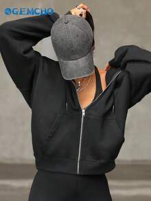 GEMCHO Solid Color Pocket Zip-Up Hoodie, Long Sleeve Top, Suitable For Graduation Season, Back To School Season, Women Teachers Outfit - Black - View 10