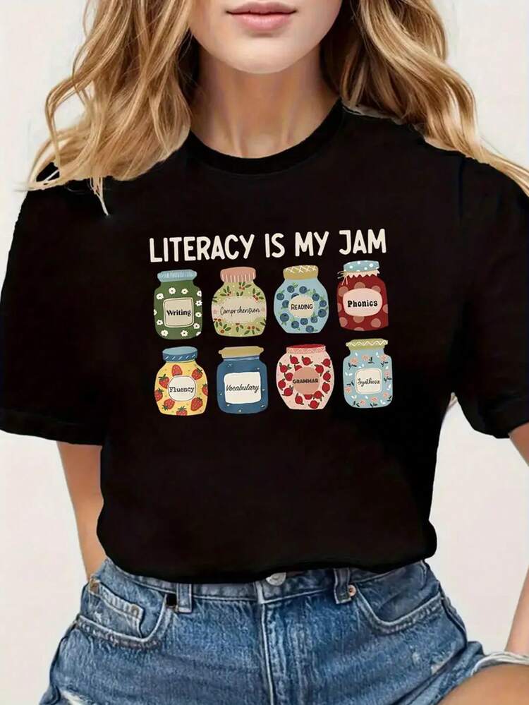 100% Pure Cotton Women's Literacy Teacher, Reading  Teacher Thank-You Gift Print, Spring And Summer Women's Fashionable Pure Cotton T-Shirt, Casual Outdoor Clothing - Black - View 2