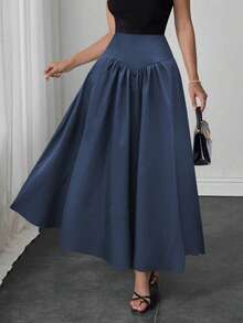 Elegant Women's A-Line Skirt, Suitable For Dates, Student Wear, Daily Travel, Versatile, Casual, Beach And Other Occasions. Elegant And Casual Women's A-Line Skirt, Solid Color, Waist-Shaping, Pleated Design, Woven Fabric, Available In Multiple Colors, Suitable For Outings And Can Also Be Worn As Loungewear. - Navy Blue - View 8