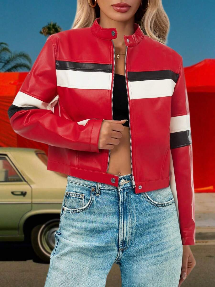 Womens Vintage Racing Cropped Moto Biker Jacket Color Block Bomber ...