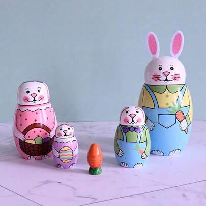 5-Layer Russian Nesting Doll Easter Rabbit Set, Wooden Handicraft, Small Rabbit Painted, Children's Day Gift Toy Fun, Easter Halloween Christmas New Years Day