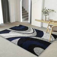 1 件装现代抽象几何曲线图案地毯，采用深蓝、浅灰和黑色交织的曲线几何形状，创意现代地毯，适用于客厅、卧室、厨房、书房、玄关、洗衣房，家居装饰礼品；客厅地毯：客厅地毯、地毯、客厅区域地毯、小地毯、垫子、家居装饰、大客厅地毯、客厅家居装饰、房间装饰、可水洗地毯、厨房地毯