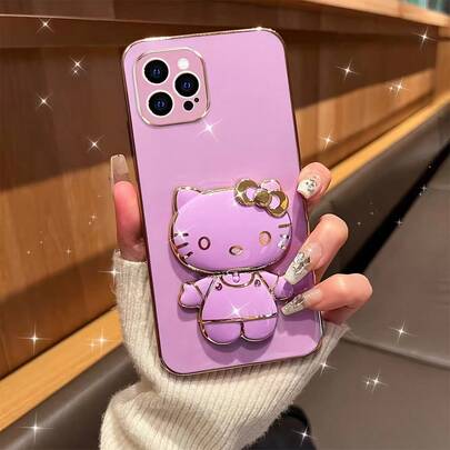 Sanrio Soporte trasero para teléfono de Sanrio Hello Kitty, giratorio 360 grados, con diseño de dibujos animados y espejo de maquillaje. Funda decorativa para teléfono de niña, compatible con iPhone y Android. Regalo para cumpleaños, familia y amigos. Soporte para teléfono con agarre de empuje y tracción. Accesorios para teléfono.