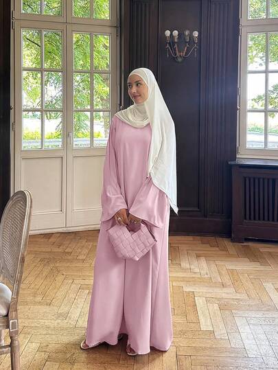 1pc Pink Round Neck Long Sleeve Casual Dress, Suitable For Yard, Leisure, Indoor/Outdoor Social Occasions, Autumn/Winter