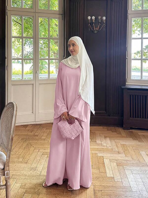 1pc Pink Round Neck Long Sleeve Casual Dress, Suitable For Yard, Leisure, Indoor/Outdoor Social Occasions, Autumn/Winter