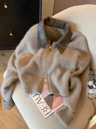 Vera Lane Women's Fall Winter Korean Style Old Money PU Collar Style Street Wear Boho Punk Two-Way Zipper Woolen Jacket Christmas Sweater New Year Look Thanksgiving