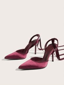 优雅缎面尖头露跟蝴蝶结细高跟鞋，浅口鞋，秋季款，适合派对和宴会等场合，优雅 - 酒紅色 - 查看 4