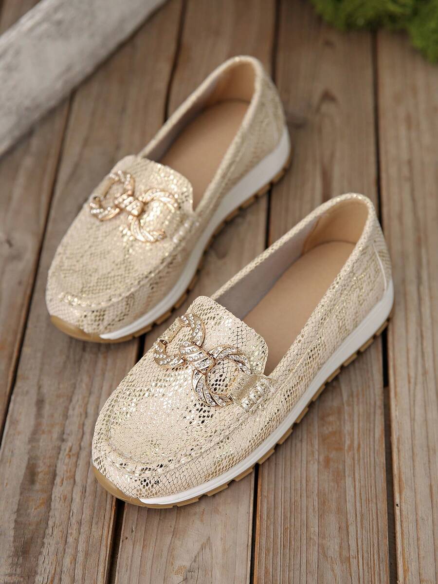 Mocasini cu talpă groasă și platformă pentru femei, cu vârf rotund, cataramă metalică, cu toc plat, stil britanic, culoare solidă, casual, din piele PU, pentru exterior, primăvară 2025 - Aur roz - Vizualizare 1
