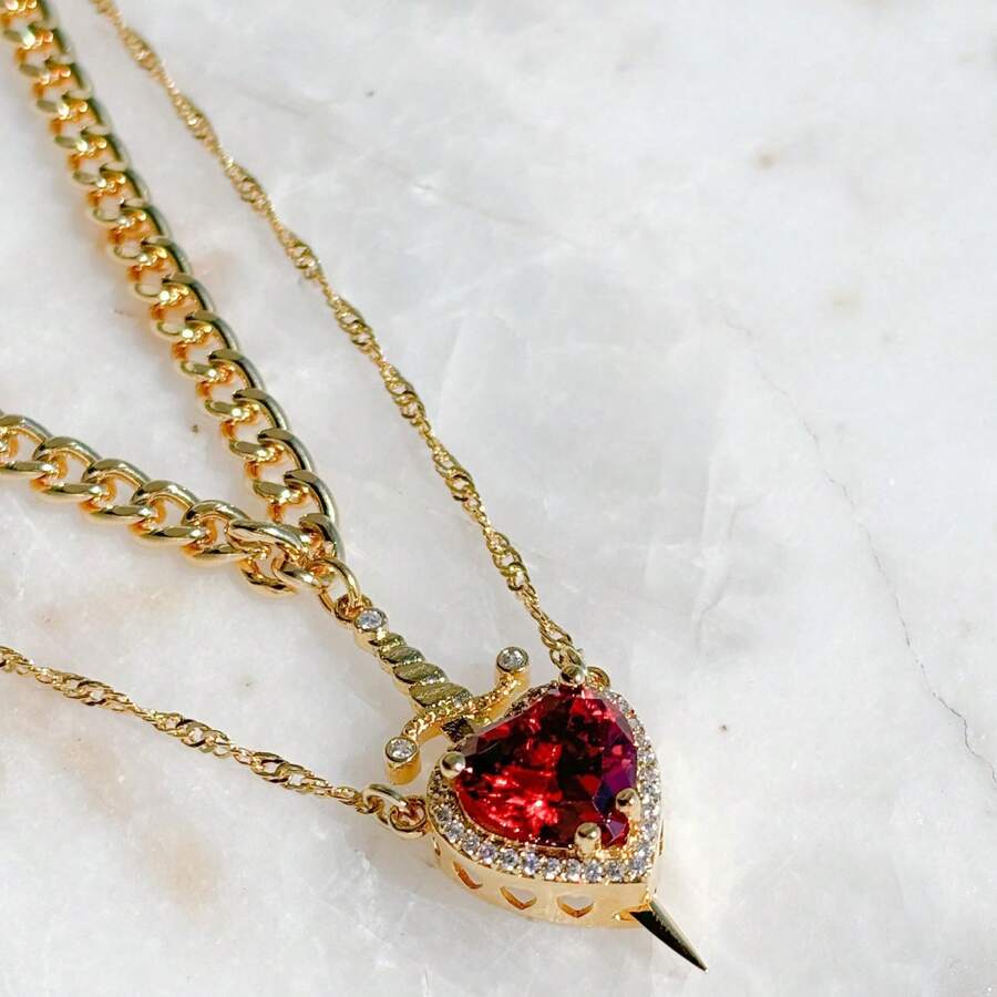 New One Stroke Through Heart Couple's Pendant Suit Love Inlaid Clavicle Chain Valentine's Day Necklace - 金色劍+銀色愛心(粉紅鑽) - 查看 1