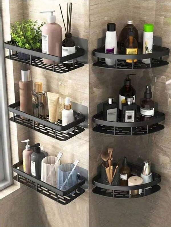 1个浴室置物架，淋浴球架，浴室厨房无孔收纳架，无孔浴室收纳架，铸铁转角淋浴架 - 无孔壁挂式浴室收纳架，黑色金属网格设计，方便取用和整理，适用于洗发水、护发素和香皂等浴室液体收纳，现代浴室装饰，适用于潮湿环境，浴室整理收纳浴室配件