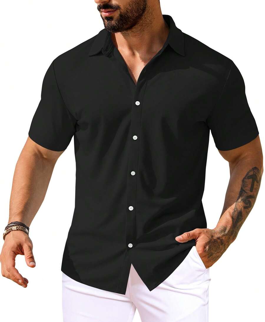 Camisas casuales de vestir de manga corta con botones y cuello para hombres, de estilo casual y elásticas, de la marca URRU - Negro - Ver 1