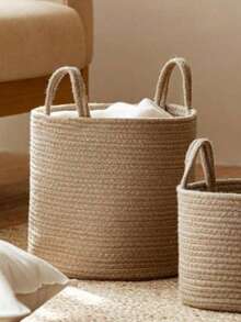 1个可折叠手工编织洗衣篮，带提手，大容量，圆形多用途储物篮，有卡其色和白色可选，适合存放衣物、毯子、玩具、节日用品、家居装饰品，适用于洗衣房、浴室、卧室、客厅、走廊等场所。