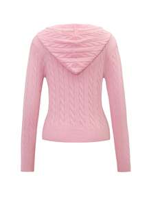 Y2K Stil Damen Casual Pendler einfarbiger Reißverschluss Seitentasche Design Kapuzen Strickjacke, Herbst - Pink - Übersicht 4