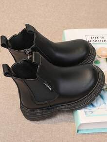 1 Paar Kinderwinterstiefel, minimalistischer modischer rutschfester Rundkopf Thermofutter Stiefel, seitlicher Reißverschluss Halbe Waden Stiefel, PU glänzend modischer vielseitiger Kleidungsstiefel, geeignet für Jungen und Mädchen für Outdoor, Einkaufen, Urlaub, Party