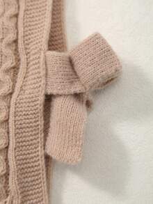 Girls' Round Neck Knitted Vest With Bow Design, Solid Color, Spring/Summer/Autumn - Khaki - View 4