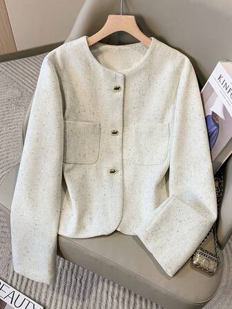 Women's Pocket Button Long Sleeve Woolen Coat, Office & School Wear, Autumn/Winter
