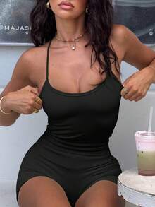 AiTyi 女式两件套，休闲时尚性感舒适运动装，适合日常穿着、毕业典礼、返校，多功能吊带背心和短裤套装 - 黑色 - 查看 3