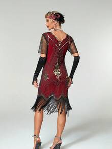 20 世纪 20 年代复古风 V 领流苏连衣裙，万圣节、圣诞节复古派对服装 - 酒紅色 - 查看 2