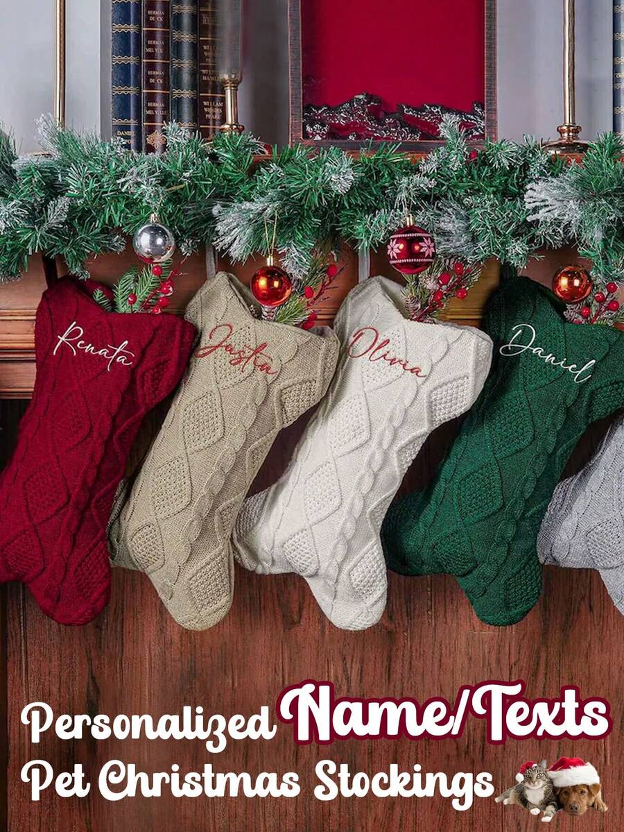 1pc Personalized Pet Christmas Stocking, Customized Name/Pattern Dog Bone Christmas Stocking, Dog Bone Holiday Socks, Christmas Gift, Knitted Dog Christmas Socks - Multicolor - View 1