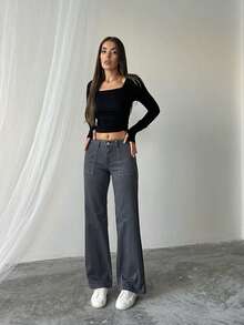 Stone Patterned Wide Leg Women's Trousers - Volcanic Gray - View 3