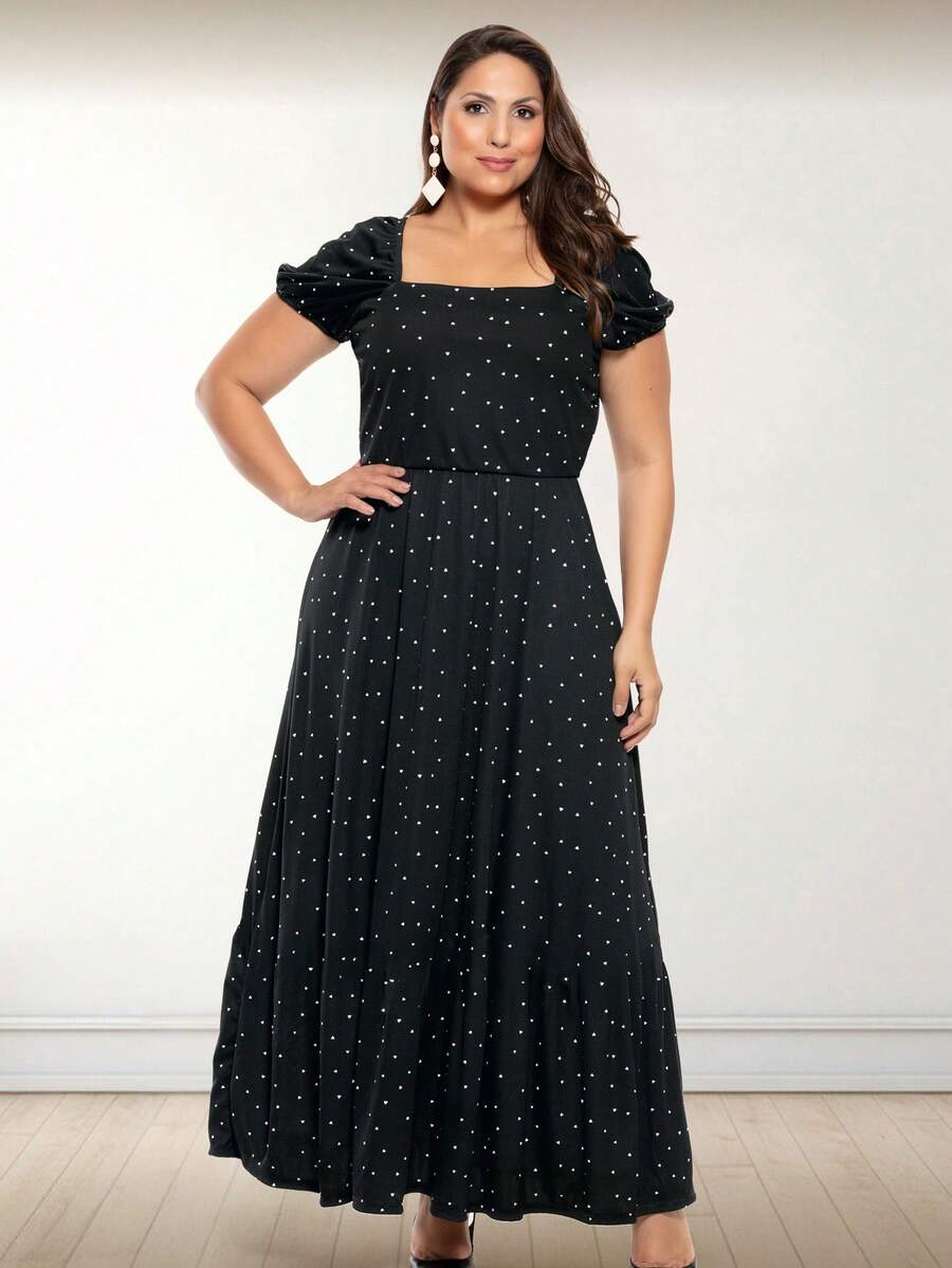 Vestido Longo com Mangas Bufantes – Moda Plus Size - Preto e Branco - Visão 1