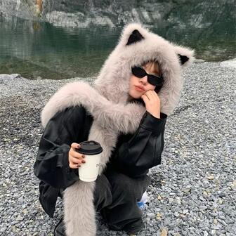 1pc Soft Polyester Faux Fur Cat Ear Hat With An Integrated Scarf, Suitable For Both Men And Women In Winter, Stylish And Unisex, Lightweight, With A Closure, Perfect For Singles Parties.