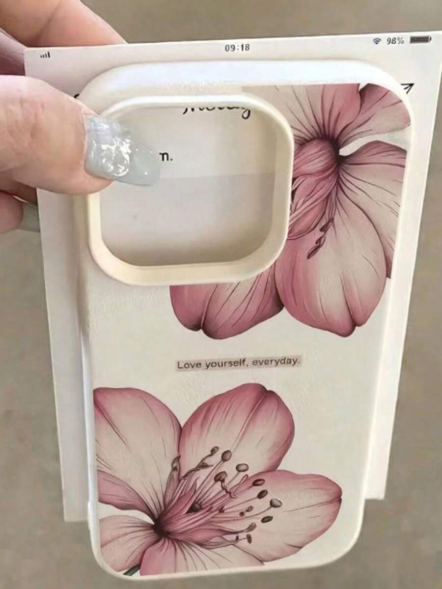 Flower 1pc White Litchi Texture Matte Lens Protection Floral Pattern Phone Case, Minimalist Design, Compatible With IPhone 16 Pro Max, 15, 14 Plus, 13, 12, 11