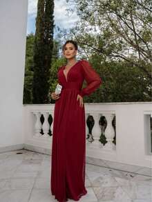 LONG MERMAID DRESS WITH TULLE SLIT FOR WEDDING GUESTS AND OTHERS WITH ELEGANT CUSHIONING AND ZIPPER - Gỗ đỏ - Xem 2