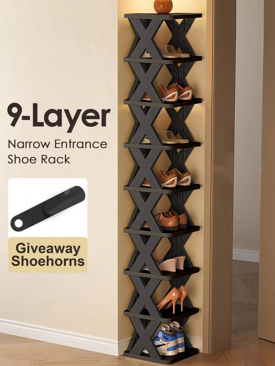 9-Layer Narrow Entrance Shoe Rack Plastic Vertical Shoe Storage Box, Space Saving, Independent Shoe Storage Rack, Easy To Install, Corridor Storage Rack  For Shoes, Clothes, Hats, Bags, Books, Home Accessories, Consumables Furniture - Đen đặc - Xem 1