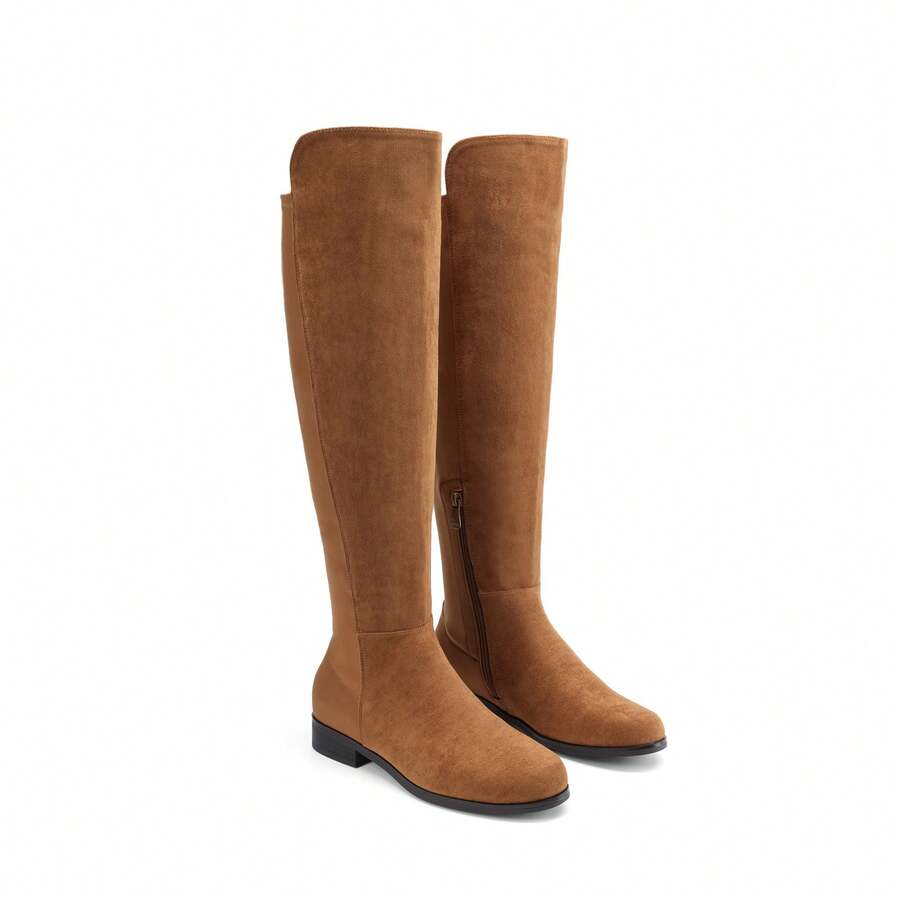 Women Reserve Tall Boots, Flat Low Heel Stretchy Knee High Boots Comfortable Round Toe Suede Slouch Side Zipper Fashionable Solid Color Boots - 駝色 - 查看 1