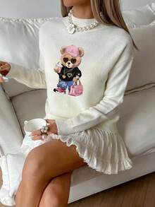 Autumn/Winter New Stand Collar Long Sleeve Teddy Bear Wearing Baseball-Cap Drink Pattern Sweater Pullover, Commuting Style White Sweater For Women, Autumn/Winter New Arrival,Back To School,Suitable For Daily, Commuting And Shopping,Elegant & Chic Style,Wedding Guest,Halloween Costume,Christmas Party - White - View 1