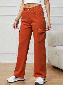 Pantalones vaqueros cargo anchos para mujer de color azul, estilo casual y práctico, ideal para looks urbanos - Naranja - Ver 2