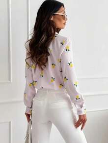 Camisa feminina elegante de manga comprida com estampa de limão, blusa listrada com gola de botão, blusa casual para escritório, moda casual primavera/outono - Multicolorido - Ver 2