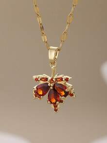 1pc Women's Stainless Steel Maple Leaf Pendant Necklace, Versatile Choker Necklace, Elegant & Fashionable, Vibrant Color, Suitable For Multiple Occasions - Yellow Gold - View 3