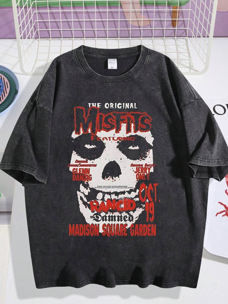 Men's T-Shirt, Retro, Rock Band Misfits Themed, Print, Pattern, Loose Fit, Short Sleeved, Top 004-A - 黑色 - 查看 1