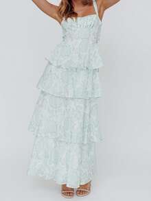 Women's Summer Long Cami Dress Sleeveless Open Back Tiered Flower Print Beach Dress - Turquesa - Ver 1