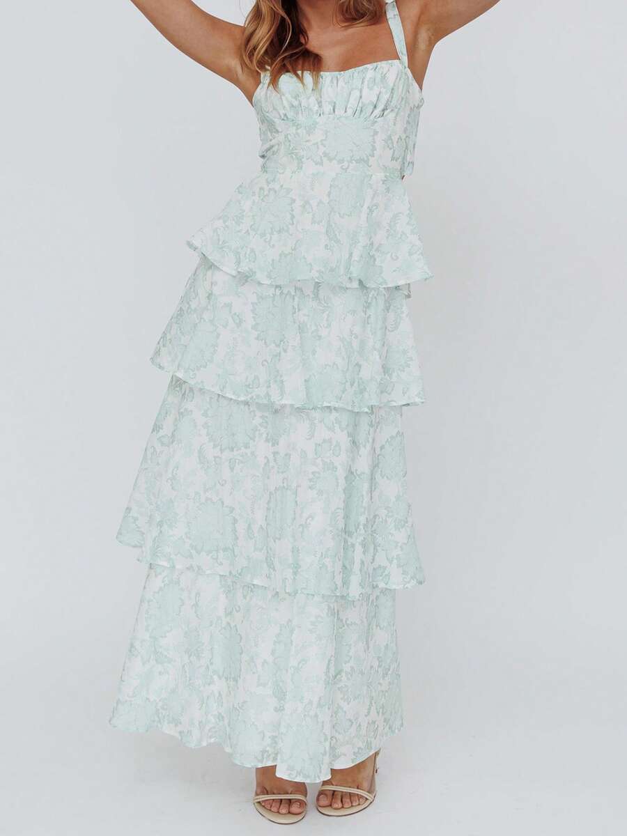 Women's Summer Long Cami Dress Sleeveless Open Back Tiered Flower Print Beach Dress - Turquesa - Ver 1