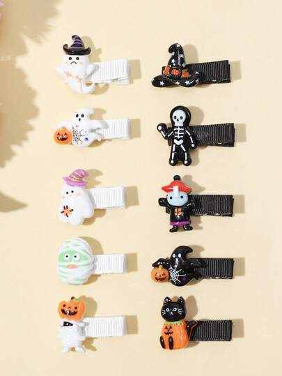 10pcs Creative New Halloween Holiday Hair Clips, Cute Skull, Witch Hat, Pumpkin Shaped Resin Holiday Hair Clips, Halloween Holiday Costume Hair Accessories