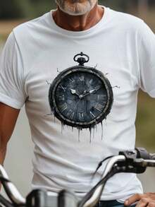 Vintage Frozen Clock, Short Sleeve Shirt, Graphic Shirt, Breathable Cotton Keeps You Cool And Comfortable During A Workout, Casual T-Shirt Graphic Tees, 100 Percent Cotton Shirts, White Street Graphic Tees, Men's T-Shirt, Funny Graphic Vintage T Shirts, S-XXXL - 白色-2 - 查看 2