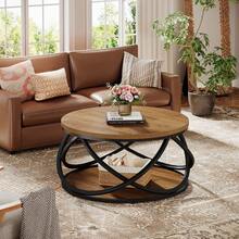 Tribesigns 31.5" Round Coffee Table With Storage Shelves, 2-Tier Circle Center Table With Sturdy Metal Frame, Rustic Accent Cocktail Table For Living Room, Small Space, Brown - Brown & Black - View 8