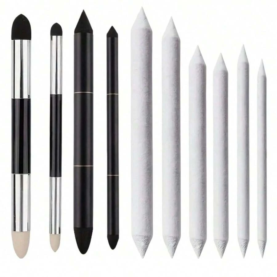 Set de 10 piezas: Lápices de carbón gris, pinceles esponja para bocetos, set de lápices de papel, borrador de boceto detallado, estompa de mezcla, pinceles esponja de medios mixtos de arte, borrador de resaltado de arte